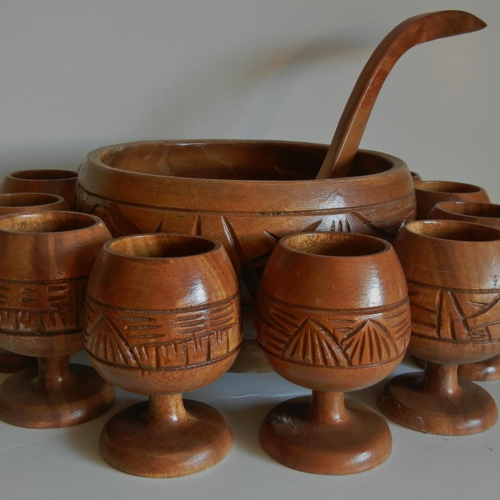 Carved wood punch bowl